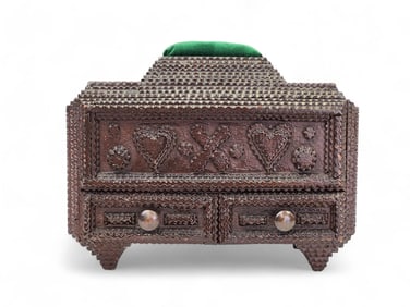 TRAMP ART SEWING BOX WITH HEARTS