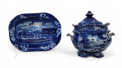 TWO STAFFORDSHIRE HISTORICAL VIEWS: SUGAR BOWL AND SMALL DISH