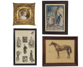 FOUR FRAMED ITEMS, INCLUDING ADVERTISING