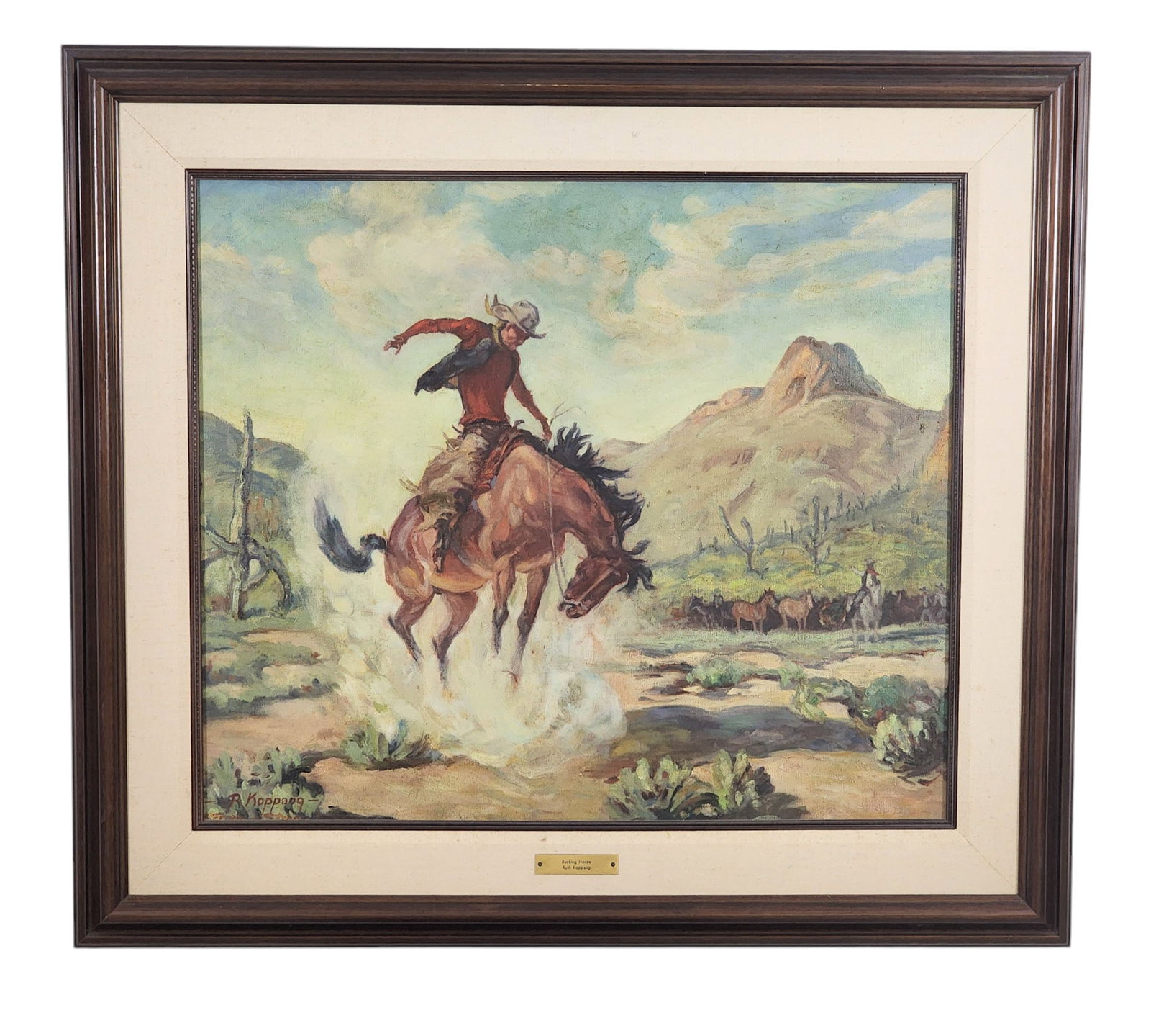 RUTH KOPPANG (MONTANA, 1924-2024): BUCKING HORSE: Oil on canvas, signed lower left. Dramatic depiction of a cowboy on a rowdy horse. 22.75" high, 26.75" wide (sight); 32" high, 36" wide (framed). Provenance: From an Idaho Collection