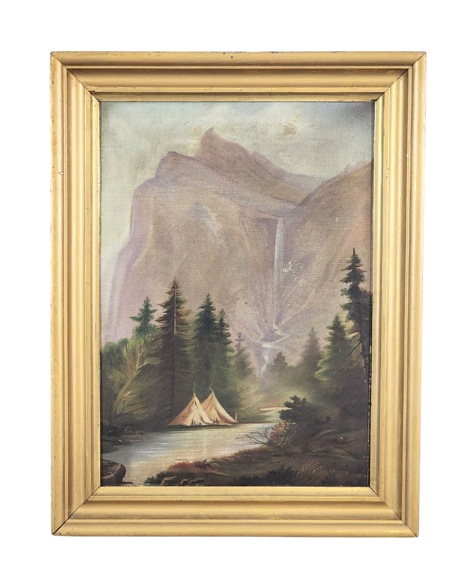 PAIR OF MOUNTAIN LANDSCAPES: American, late 19th century, oils on canvas. One with hunters and the other with a campsite. In original, matching frames.16.5" high, 11.5" wide (sight); 21" high, 15.75" wide (overall). Provenance: F