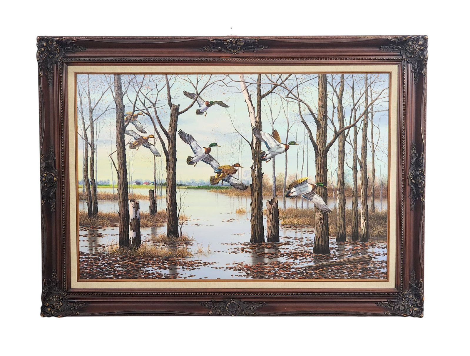 CONTEMPORARY WILDLIFE PAINTING: Oil on canvas marsh scene with ducks in flight. Signed lower left corner "Edward Park". 24"high, 36" wide (canvas), 32" high, 44" wide (framed).Provenance: From the collection of the late Pete Slates,