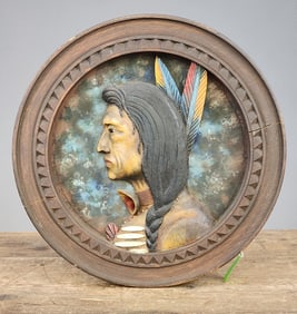 FOLK ART WOOD CARVED PLAQUE WITH INDIAN