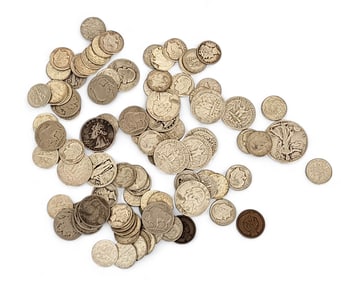 LARGE GROUP OF SILVER COINS AND TWO INDIAN HEAD PENNIES