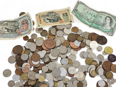 LARGE GROUP OF FOREIGN COINS AND PAPER MONEY