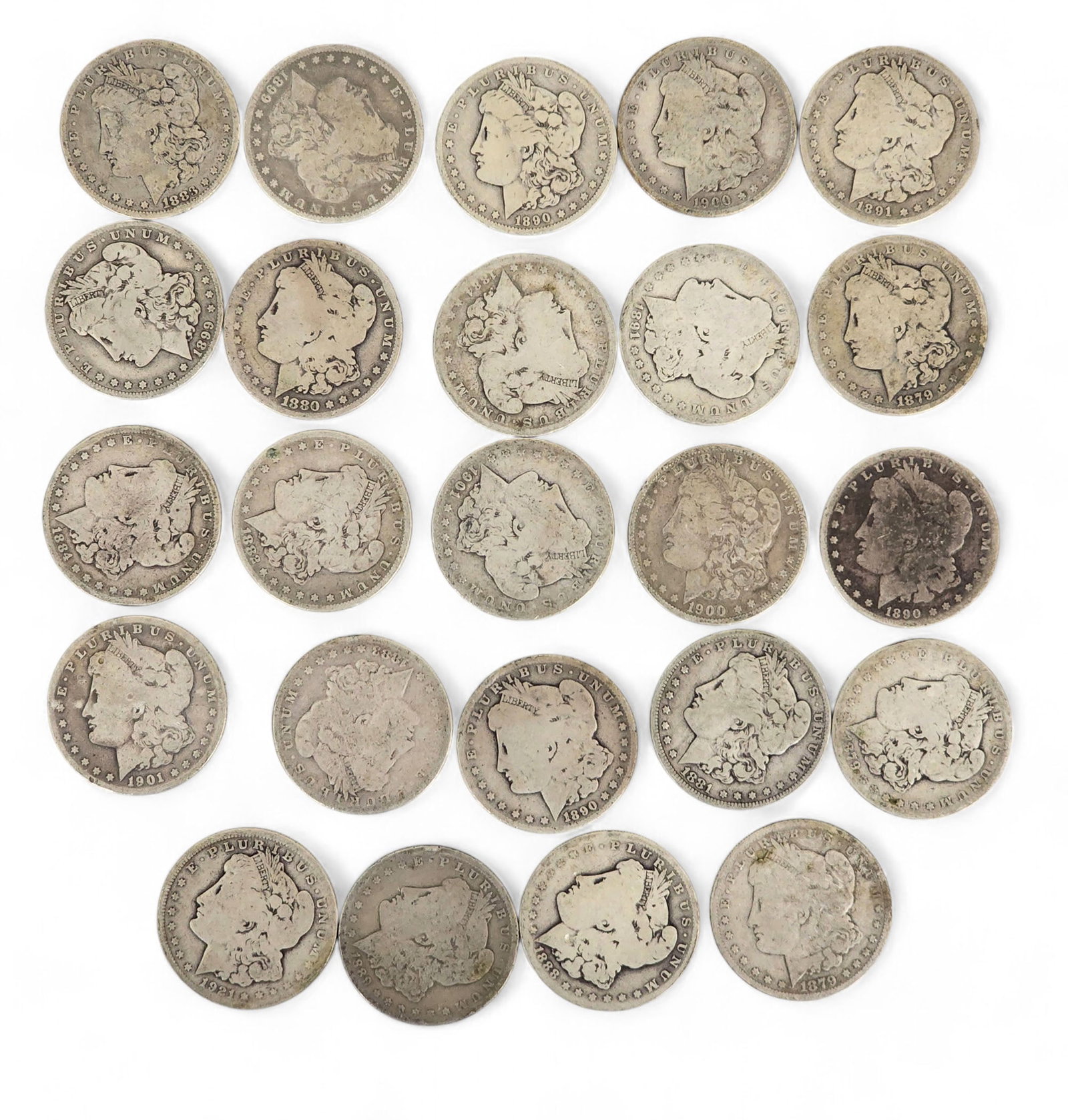 TWENTY-FOUR MORGAN SILVER DOLLARS: Various dates and mints. Provenance: From the collection of the late Dr. James Dawson, sold to benefit the Dr. James Dawson MD Women's Clinic in Uganda