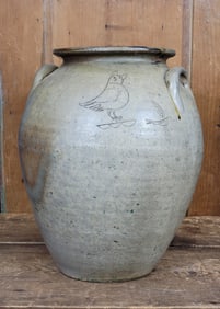 STONEWARE JAR WITH FISH AND OWL