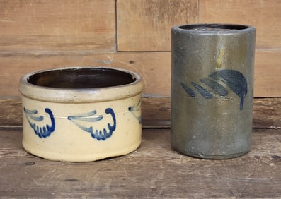 TWO PIECES OF COBALT-DECORATED STONEWARE