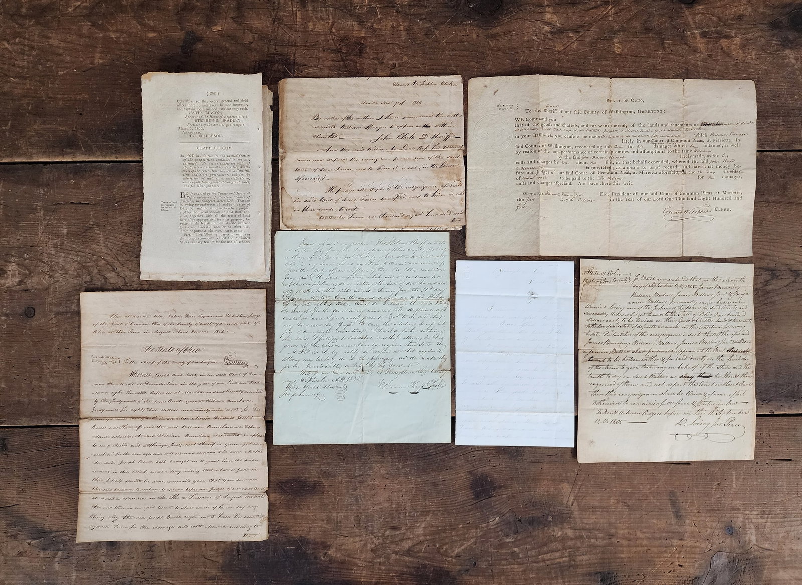 COLLECTION OF EARLY OHIO DOCUMENTS: 19th century. Includes a Washington County court document dated 1804 (Joseph Buell, William Burnham, Edward Tupper), a Washington County justice of the peace document dated 1805 (William Bellows, Jame