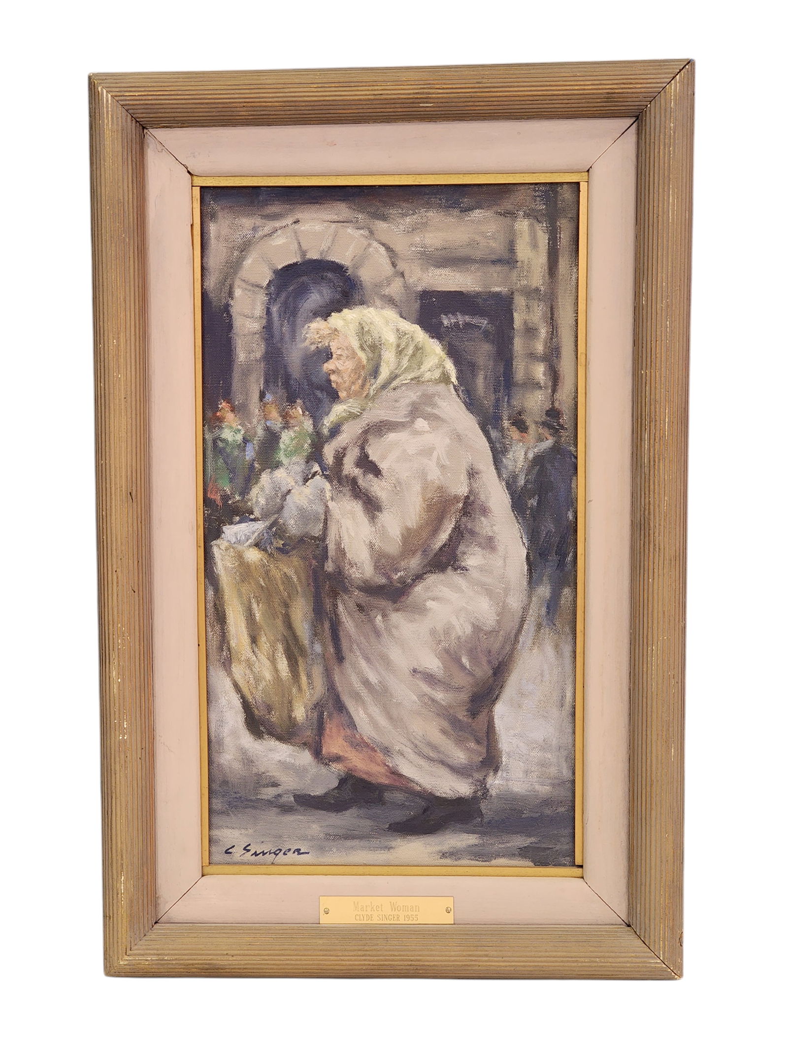 CLYDE SINGER (OHIO, 1908-1999): MARKET WOMAN: Oil on canvas, signed lower left and titled, signed, and dated 1955 on the back. Portrait of an older woman doing her shopping. 18" high, 10" wide (canvas); 23.5" high, 15" wide (overall). Provenance: