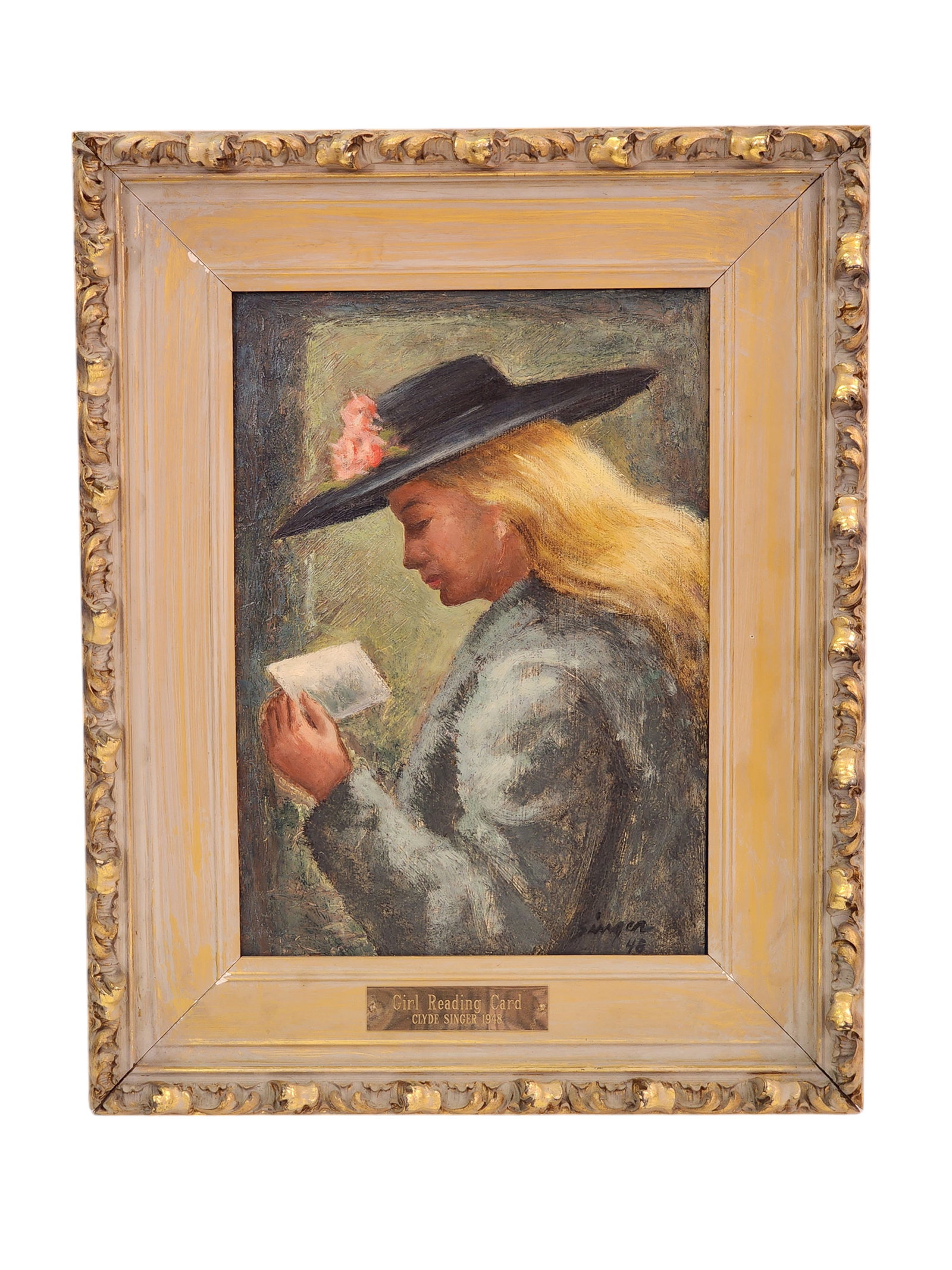 CLYDE SINGER (OHIO, 1908-1999): GIRL READING CARD: Oil on masonite, signed and dated 1948 lower right and titled, signed, and dated on the back. Portrait of a pretty young lady reading a card. 15" high, 10.25" wide (board); 21" high, 17" wide (overall