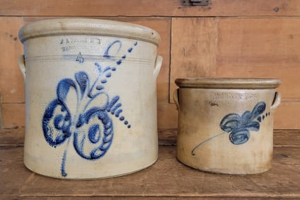 TWO DECORATED STONEWARE CROCKS