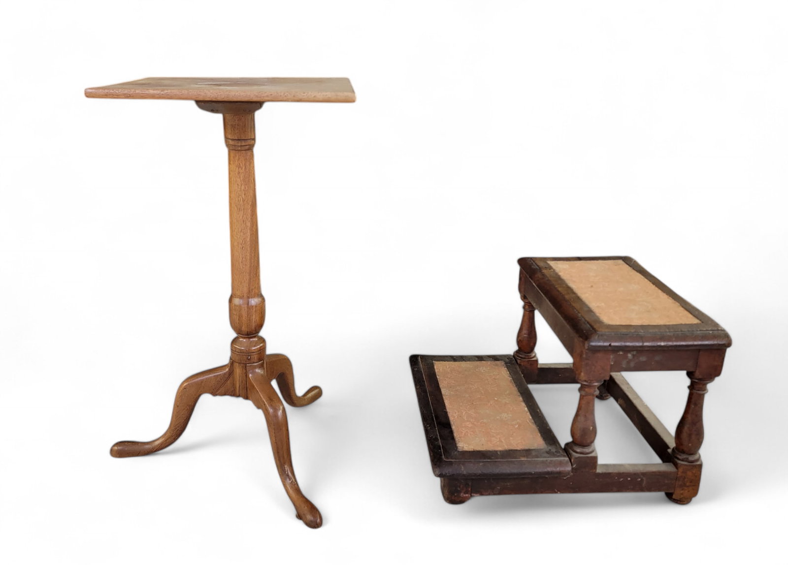 CANDLESTAND AND BED STEPS: American, 19th century. Includes a mahogany candlestand with tripod base; together with a mixed wood bed steps. Stand is 26.75" high. Provenance: From the Lifetime Collection of a Northeast Ohio Deale