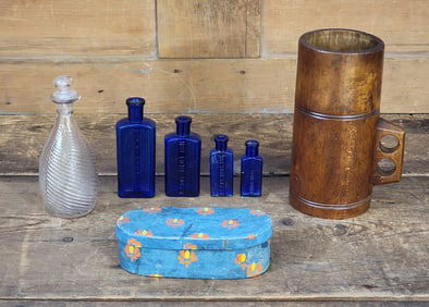 BOTTLES, BOX, AND A TANKARD