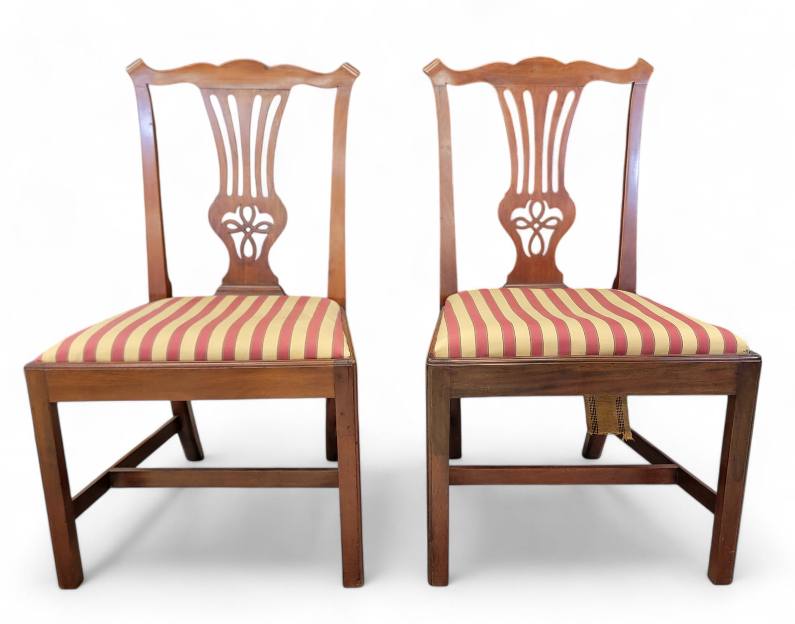 PAIR OF CHIPPENDALE SIDE CHAIRS: Philadelphia, late 18th century, mahogany. Pierced splats and square legs. 38" high. Provenance: From the Lifetime Collection of a Northeast Ohio Dealer.