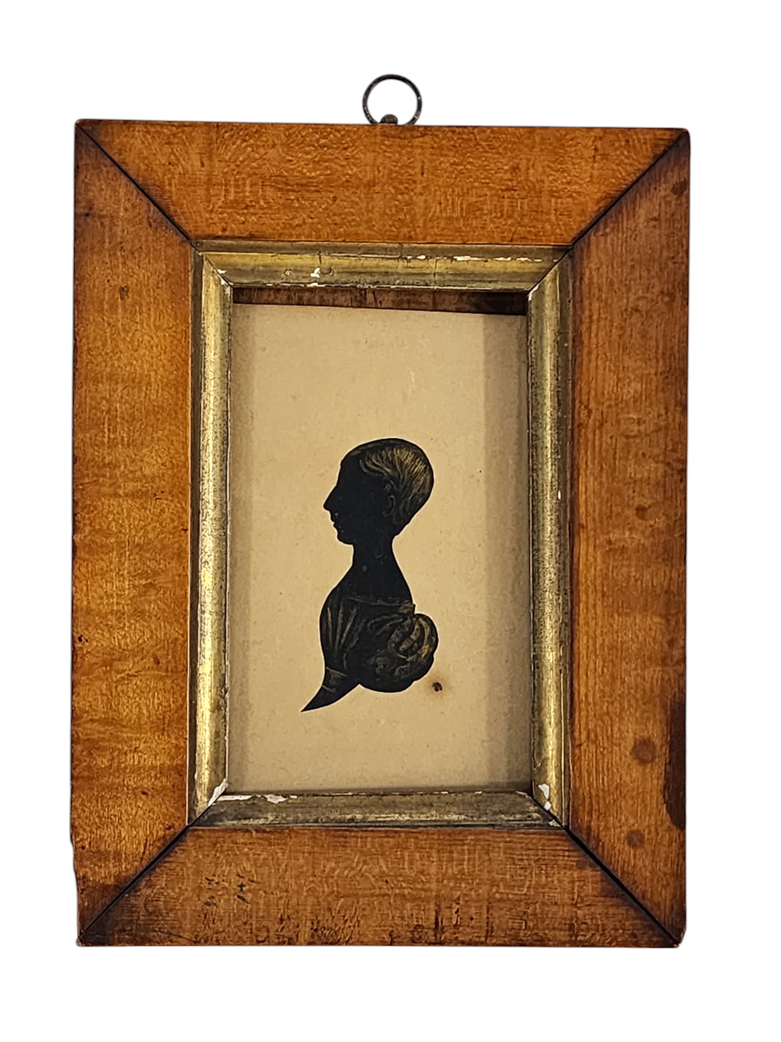 SILHOUETTE OF SARAH HUDSON: English, 2nd quarter-19th century. Profile bust, with gold highlights. Inscribed on the back "Miss Sarah Hudson Guilton Rectory My Cousin died aged 14." In a period frame. 4.25" high, 2.5" wide (sight