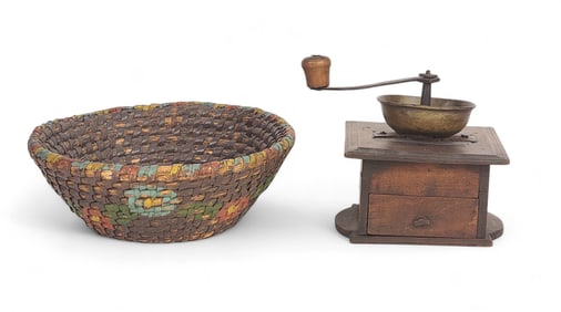 COFFEE GRINDER AND DECORATED BASKET