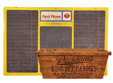 ADVERTISING CHALKBOARD AND CRATE