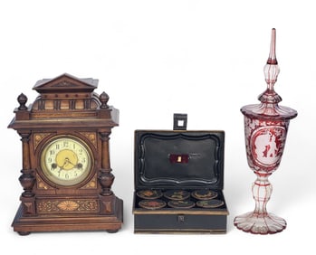 MANTEL CLOCK, TOLE SPICE SET, AND BOHEMIAN COVERED GOBLET
