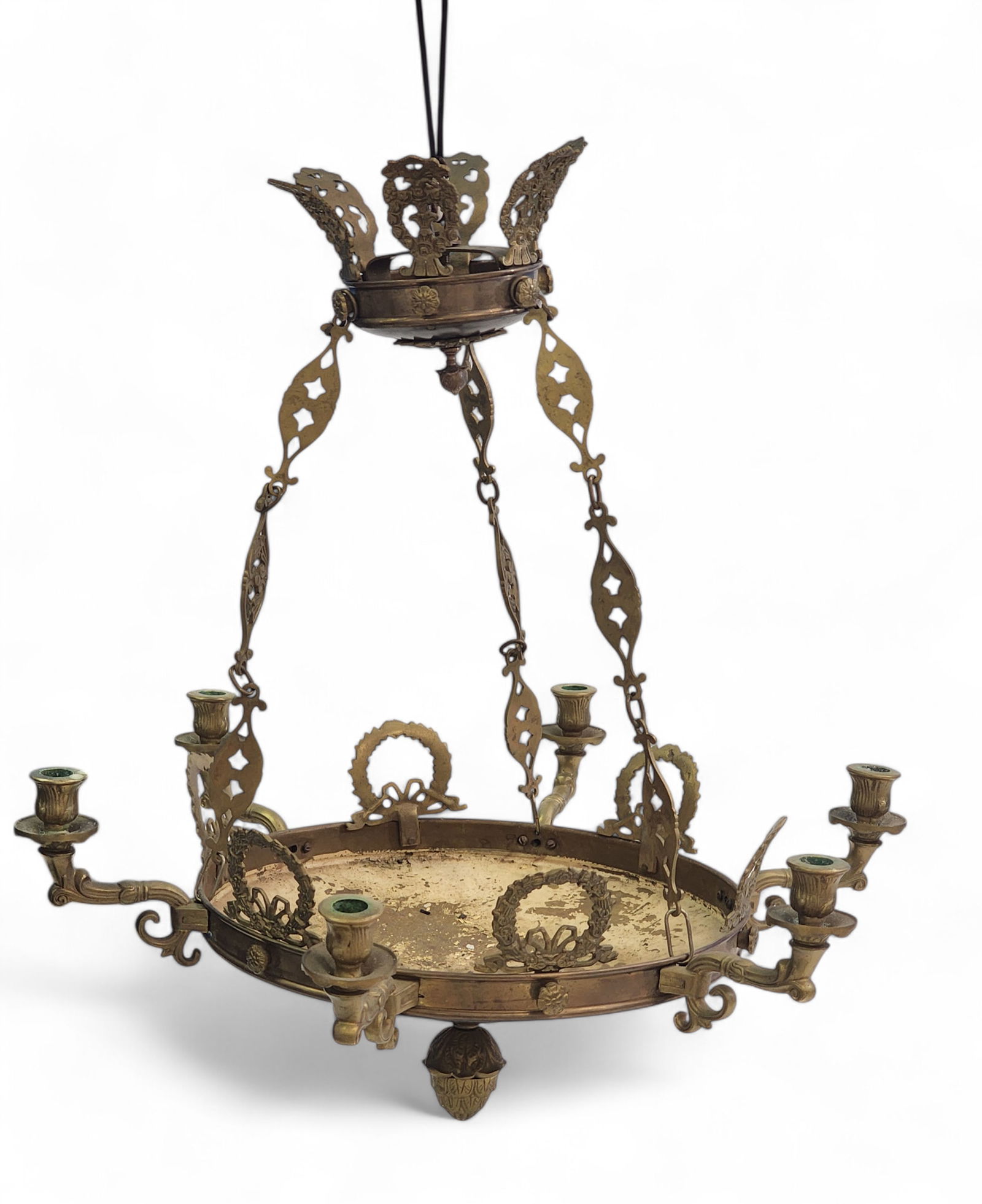 BRASS CHANDELIER AND SCONCES: 20th century. Includes a 6-candle French chandelier, 23" diameter; together with a pair of sconces, 8" by 8" (back plates). Provenance: private collection.