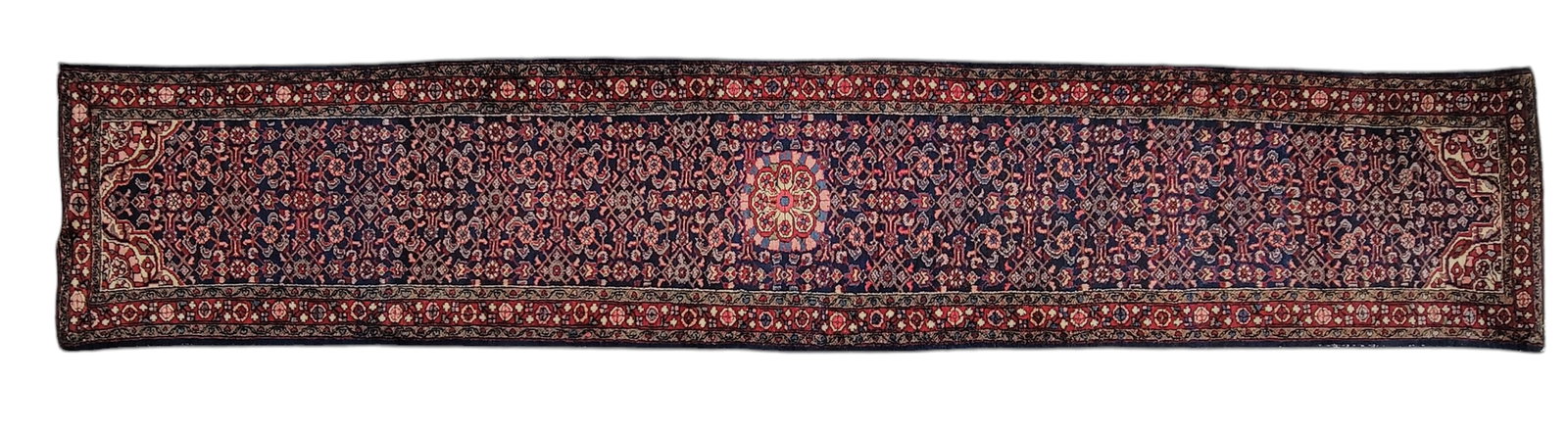 ORIENTAL RUNNER: 1st half-20th century. In dark blue, purple, and red. 32" by 170". Provenance: From the Lifetime Collection of a Northeast Ohio Dealer
