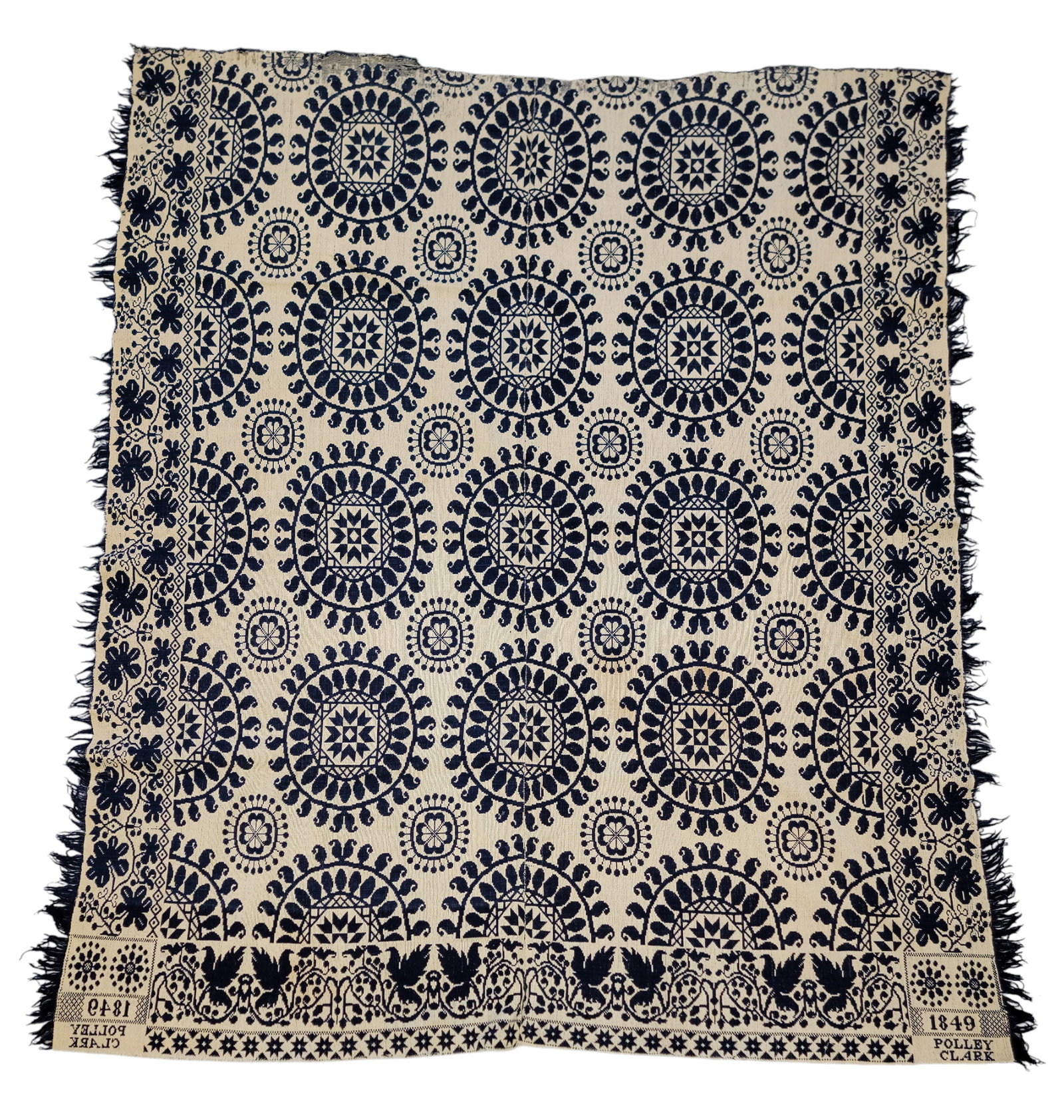 JACQUARD COVERLET: American, 1849. A two-piece coverlet woven in cream and blue, floral borders on three sides with an additional narrow star foot border, centerfield with an all-over medallion motif, corner blocks with