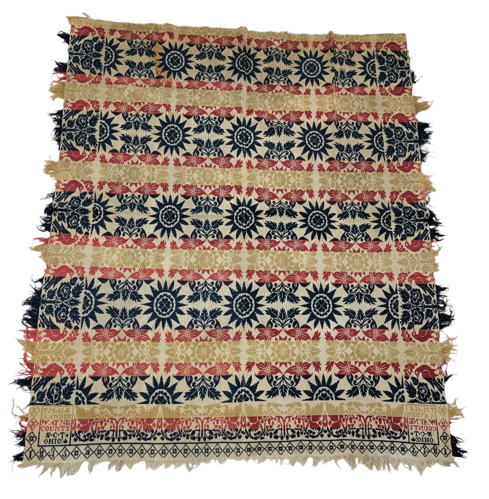 WAYNE COUNTY, OHIO COVERLET: Wayne County, Ohio, 1845. A two-piece coverlet woven in red, gold, and blue, bird and rosebush border on longer sides, vining floral and diamond foot border, centerfield of floral medallions, sunburst
