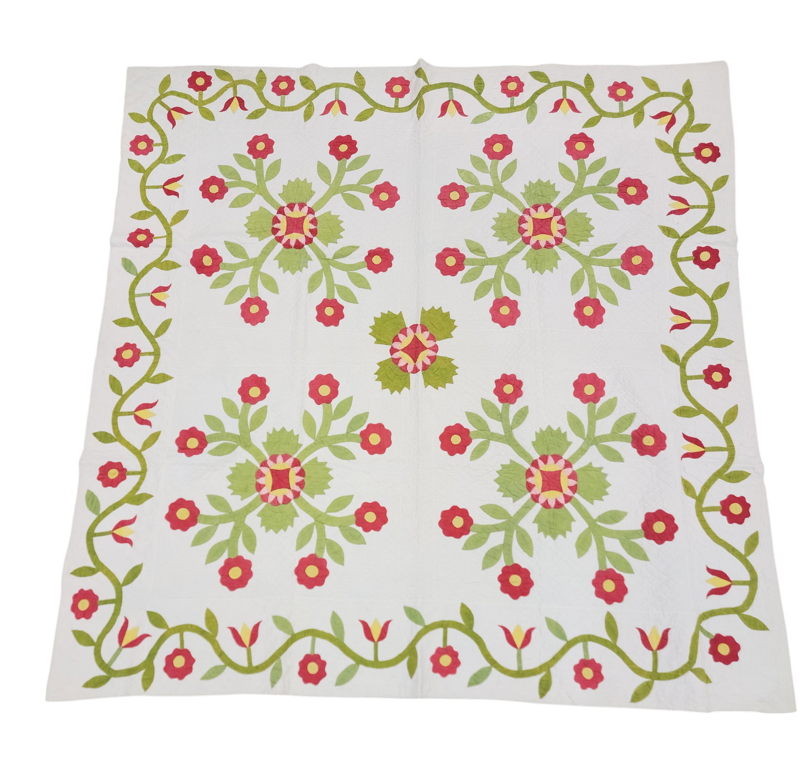 FLORAL APPLIQUE QUILT: Possibly Pennsylvania, mid-19th century, cotton. Four floral medallions surrounded by a vining floral border, in red, green, yellow, and pink, 88" by 86". Dr. Gunn purchased this quilt at the Zoar Ant