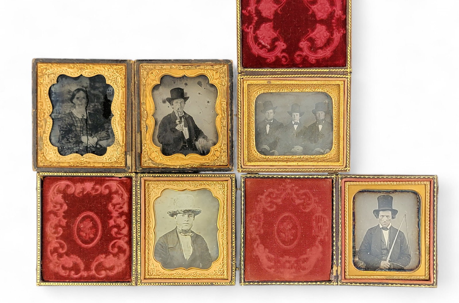 FOUR SIXTH PLATE PHOTOGRAPHS OF MEN IN HATS: 3rd quarter-19th century. Includes a daguerreotype of three dapper young men in top hats, a possible occupational daguerreotype of a man in top hat holding a whip (carriage driver?), a daguerreotype o