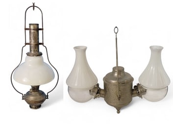 TWO HANGING OIL LAMPS