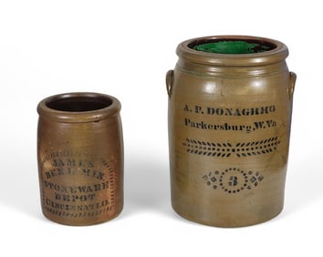TWO OHIO VALLEY STONEWARE JARS