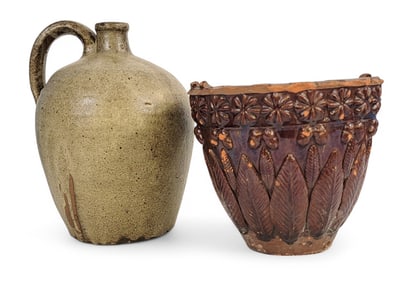 STONEWARE JUG AND REDWARE FLOWERPOT