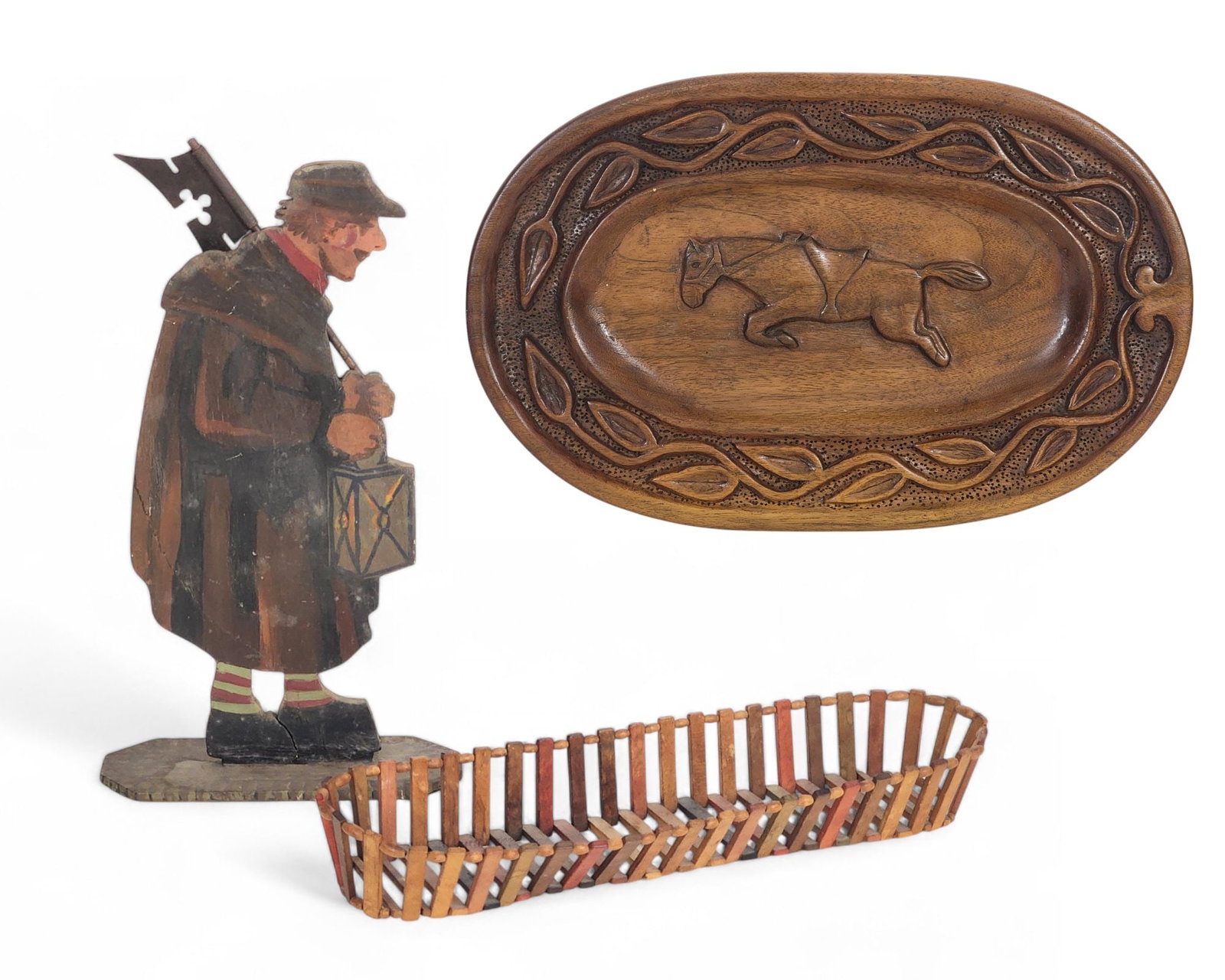 THREE PIECES OF AMERICAN FOLK ART: 19th-20th century. Includes an oval, Pennslyvania plaque deeply carved with running horse and vining border, signed on back "Carl Kump" and possibly dated 1947, 10" high, 15.75" wide; together with a 
