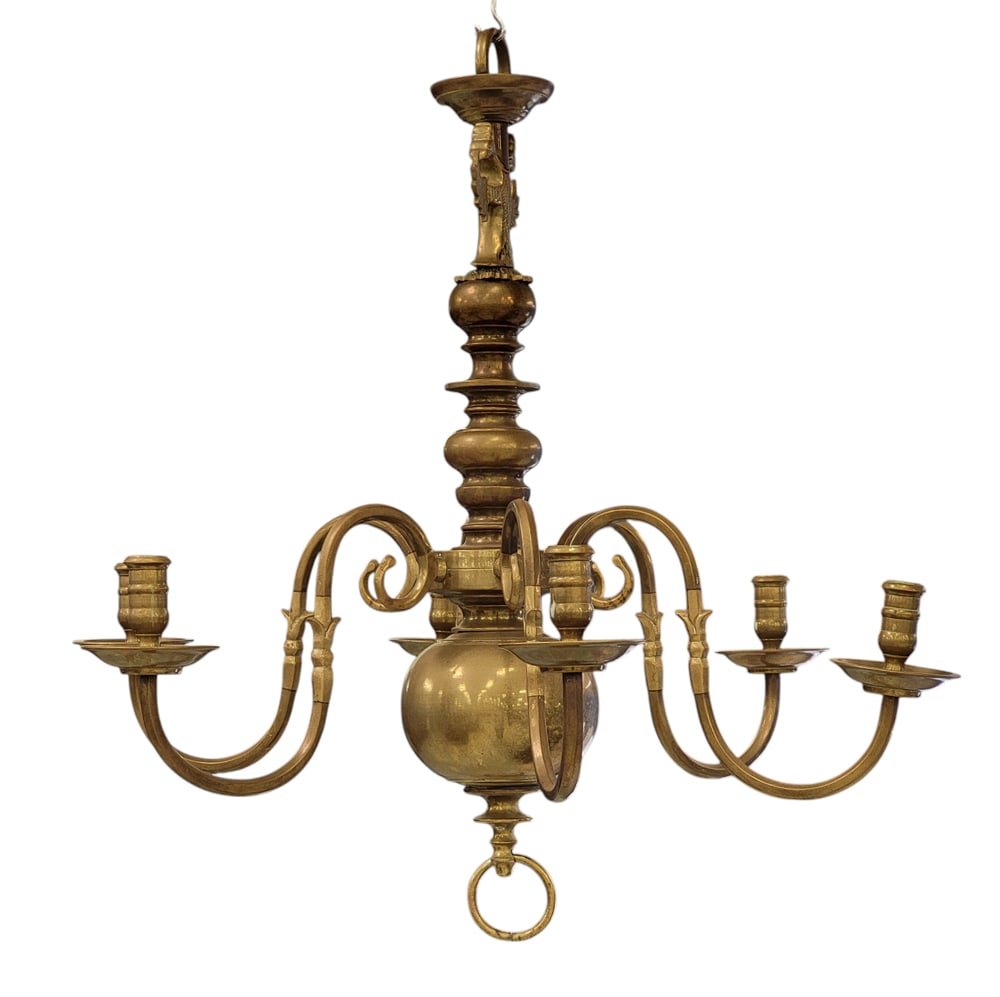BRASS CHANDELIER: 1st half-20th century. Six candle arms and a ball drop finial, 22" high, 24" diameter. Provenance: private collection. PLEASE NOTE: YOU DO NOT HAVE TO USE LIVE AUCTIONEERS LIVE SHIPPING. WE STILL OFFE