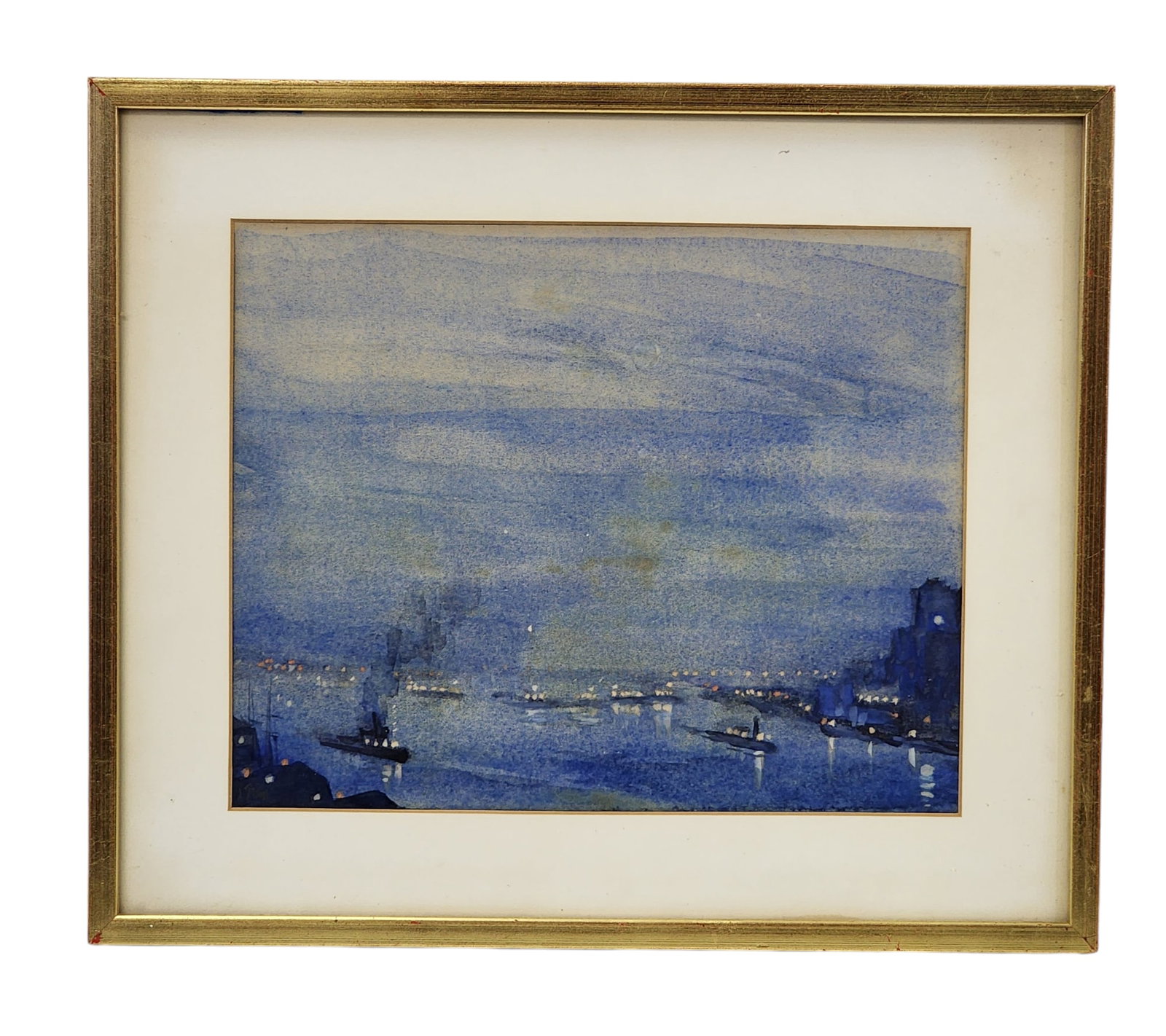 JOSEPH PENNELL (PA/NY, 1857-1926): BLUE EVENING: Watercolor on paper, signed in pencil lower left. Atmospheric view of the New York harbor at dusk. Matted and framed, and retains an old typed label on the back, 10" high, 12.25" wide (sight), 14.75" 