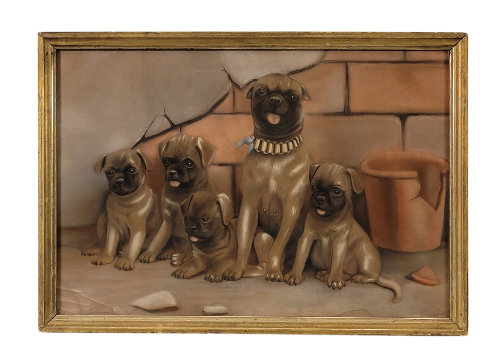 PORTRAIT OF PUPPIES: Signed R.G. Lamb and dated 1888 in lower right, pastel on paper. Mama and her four pups. Period/original frame, 13" high, 19.25" wide (sight); 15" high, 21.25" wide (overall). Provenance: private coll
