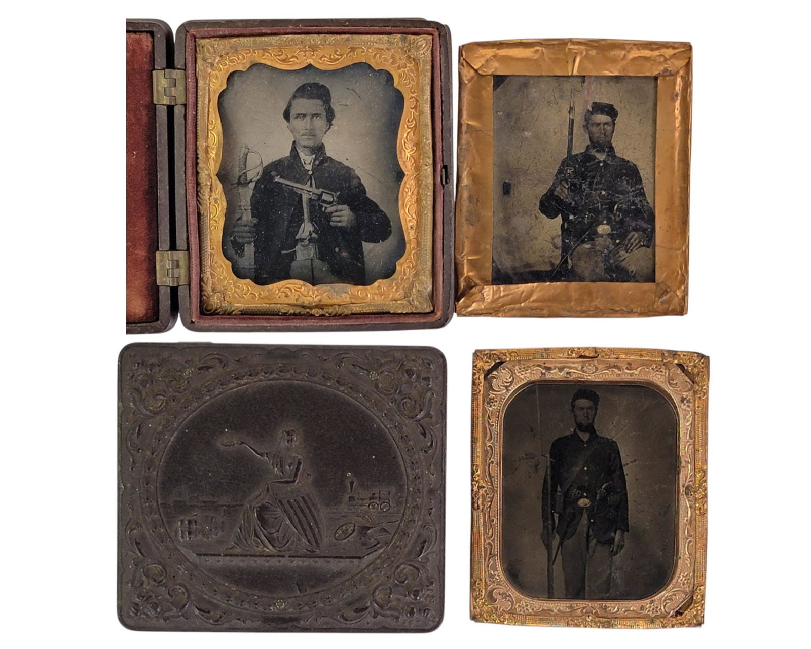 THREE TINTYPES OF CIVIL WAR SOLDIERS: All sixth plates. Includes a portrait of a soldier holding his revolver and sword (likely a M1860 cavalry saber), in a double-sided "Liberty" Littlefield, Parsons union case; together with two portrai