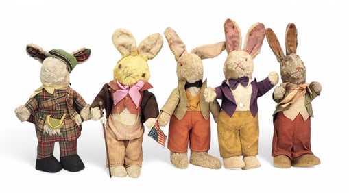 FIVE EARLY STUFFED RABBITS