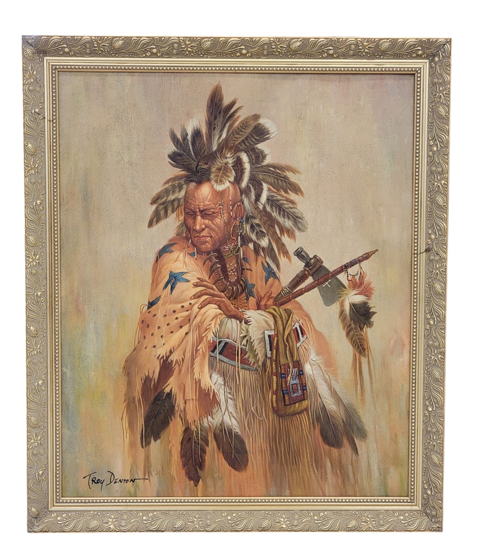 PORTRAIT OF A NATIVE AMERICAN BY TROY DENTON (B. 1949): Oil on canvas, signed lower left. Three-quarter length portrait of a Native American in an elaborate costume, 33" high, 28" wide (sigh); 38" high, 33" wide (overall). Provenance: private collection. P