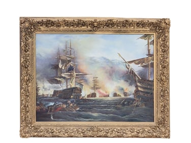 LARGE PAINTING OF A NAVAL BATTLE