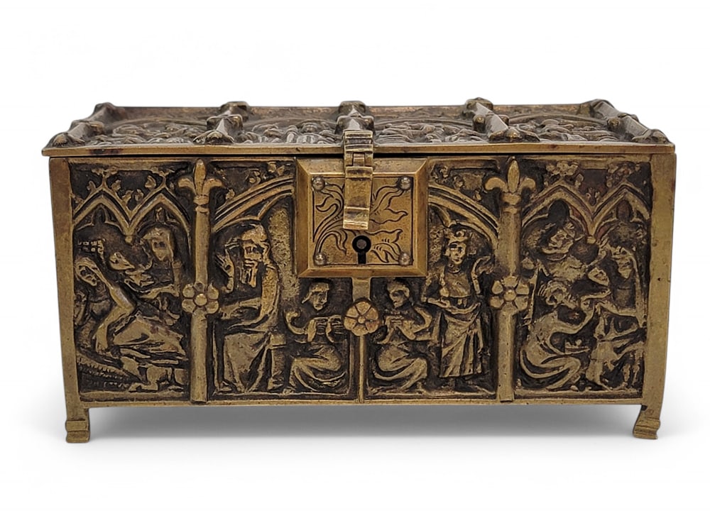 MEDIEVAL-STYLE INKWELL: Marked with a hammer and ewer and "ES," Germany, late 19th century. In the form of a medieval jewelry casket in the gothic taste, with an interior inkwell tray (original), 3" high, 6" wide, 3.25" deep