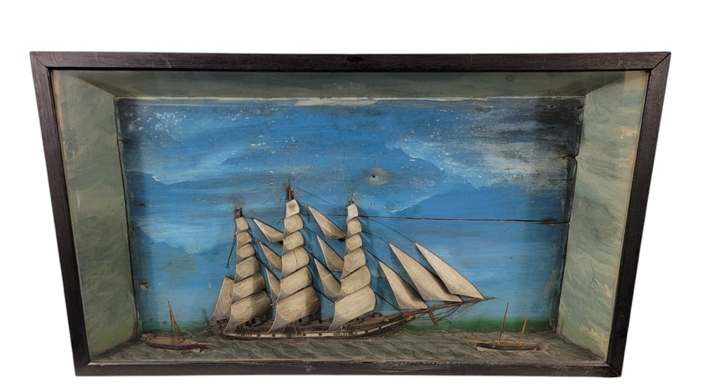 DIORAMA OF THE TEA CLIPPER GLENGARRY: English, early 20th century. Large diorama with the ship at full sail, 20" high, 35.5" wide. Provenance: private collection. The Tea Clipper Glengarry was built in 1868 by Thomas Royden and Sons, Live