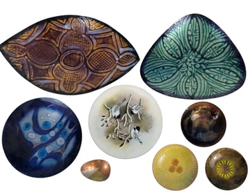 EIGHT PIECES ENAMEL ON COPPER DECORATIVE ITEMS