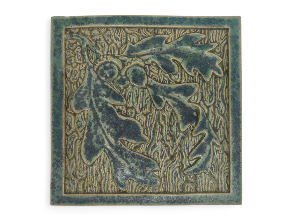 FULPER OAK LEAF AND ACORN TRIVET: Flemington, New Jersey, c. 1993. Clay tile with green glaze, with original box and paperwork, 8" square. Provenance: Denker Collection, Delaware and North Carolina. PLEASE NOTE: YOU DO NOT HAVE TO USE