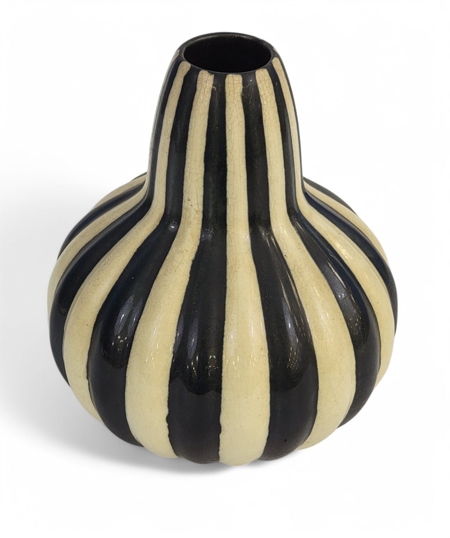 BAUHAUS VASE BY VELTEN-VORDAMM KERAMIK: Germany, c. 1920. Baluster vase with bold black and white stripes, 6.75" high. Provenance: Denker Collection, Delaware and North Carolina. PLEASE NOTE: YOU DO NOT HAVE TO USE LIVE AUCTIONEERS LIVE SHI