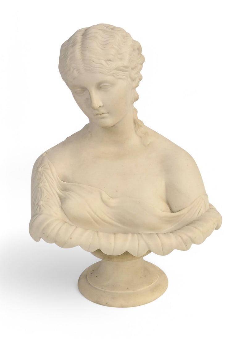PARIAN BUST OF CLYTIE: J&T Bevington, England, c. 1870. Classical bust of a nymph after the bust by Charles Townley, 9" high. Provenance: Denker Collection, Delaware and North Carolina. PLEASE NOTE: YOU DO NOT HAVE TO USE L