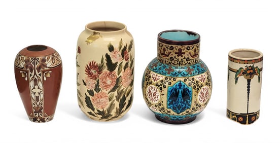 FOUR DECORATED POTTERY VASES