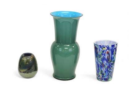 THREE COLORFUL GLASS VASES