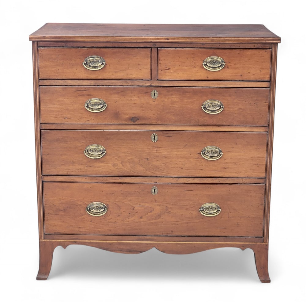 INLAID HEPPLEWHITE CHEST OF DRAWERS: Probably Pennsylvania or Ohio, early 19th century, cherry and poplar. Two over three drawers, with string inlay and French feet. 40" high, 38" wide, 20" deep. Provenance: a western New York collection
