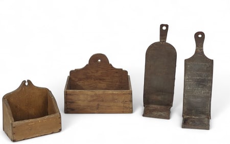 TWO WALL BOXES AND TWO TIN SCONCES